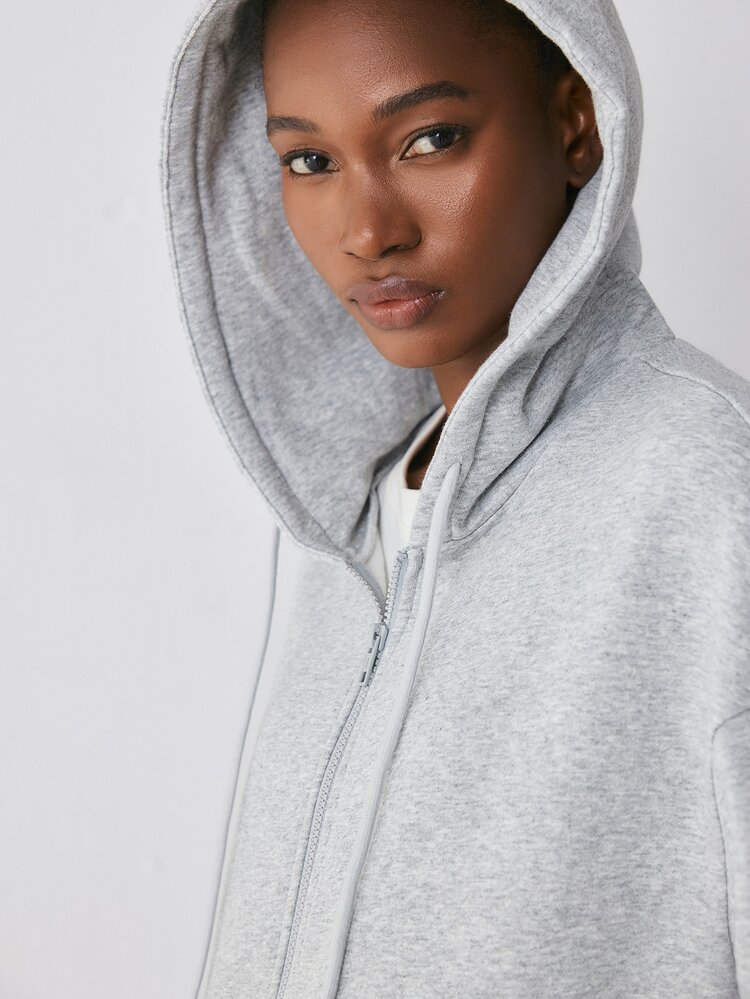 YARNWELL Women's Cotton Blend Zip Up Hoodie With Pockets Casual Athleisure Basics Baggy Oversized Jacket Everyday Essential Back-To-School Gym Gray Autumn - Light Grey - View 3