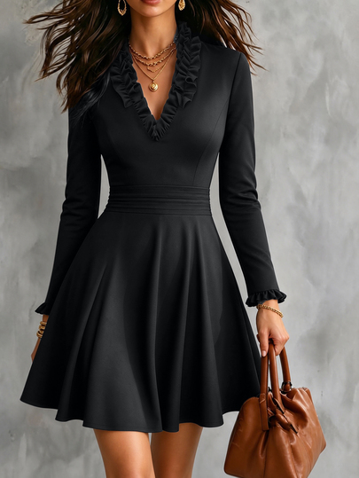 SHEIN Fashionable New Frill Trim V-Neck Cinched Waist Pleated Long Sleeve A-Line Dress,Fall Dresses For Women Winter Elegant Party Dresses Sexy Christmas