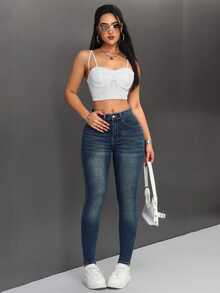 SHEIN PETITE Women's Slim Fit Casual Versatile Denim Jeans With Pockets - Dark Wash - View 4