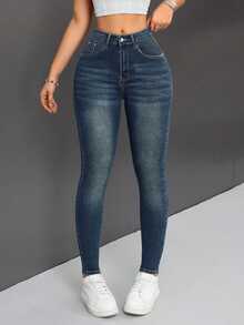 SHEIN PETITE Women's Slim Fit Casual Versatile Denim Jeans With Pockets - Dark Wash - View 7