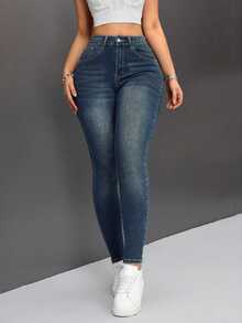 SHEIN PETITE Women's Slim Fit Casual Versatile Denim Jeans With Pockets - Dark Wash - View 5