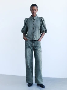 Maija Women's Blue Denim Top With Puff Sleeves, French-Style Office Wear Fall Clothes Puff Sleeve Top - Medium Wash - View 2