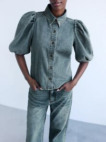Maija Women's Blue Denim Top With Puff Sleeves, French-Style Office Wear Fall Clothes Puff Sleeve Top - Medium Wash - View 4