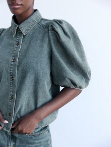 Maija Women's Blue Denim Top With Puff Sleeves, French-Style Office Wear Fall Clothes Puff Sleeve Top - Medium Wash - View 3