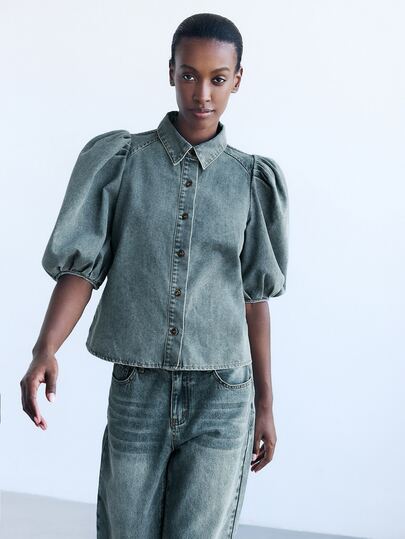 Maija Women's Blue Denim Top With Puff Sleeves, French-Style Office Wear Fall Clothes Puff Sleeve Top