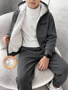 SHEIN Kids Tween Boy Casual Sports Versatile Minimalist Loose Fit Thick Fleece Lined Hooded Jacket Sweatshirt & Jogger Pants 2-Piece Set, Suitable For Commuting, School, Daily Casual, Sports, Streetwear, Autumn/Winter - Dark Grey - View 5