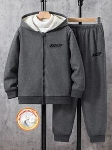 SHEIN Kids Tween Boy Casual Sports Versatile Minimalist Loose Fit Thick Fleece Lined Hooded Jacket Sweatshirt & Jogger Pants 2-Piece Set, Suitable For Commuting, School, Daily Casual, Sports, Streetwear, Autumn/Winter - Dark Grey - View 3