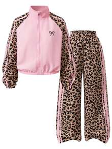 SHEIN 2pcs/Set Cute Katseye Women/Teenager Patchwork Zip-Up Stand Collar Jacket Loose Fit Leopard Print Pants Fall Travel Formal Holiday Pink White - Multicolor - View 1