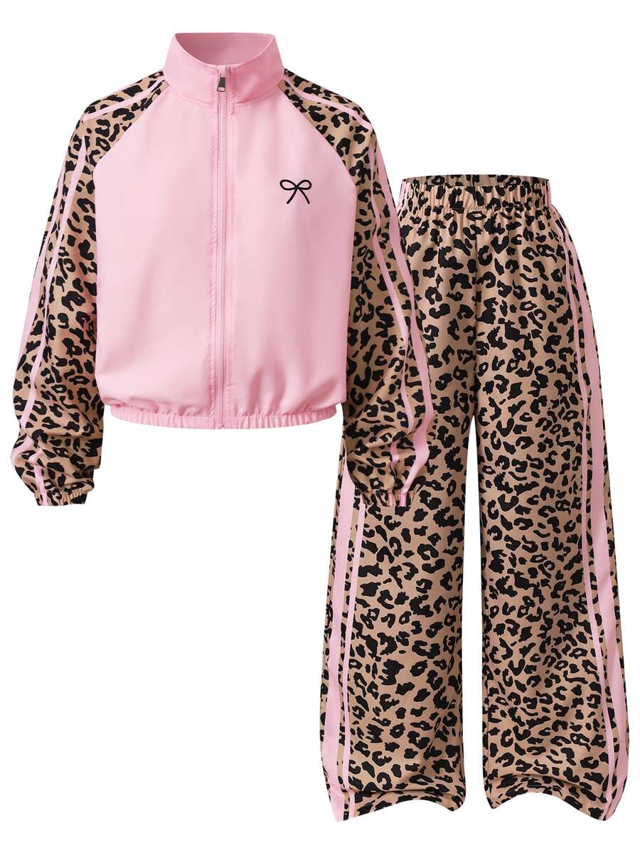 SHEIN 2pcs/Set Cute Katseye Women/Teenager Patchwork Zip-Up Stand Collar Jacket Loose Fit Leopard Print Pants Fall Travel Formal Holiday Pink White - Multicolor - View 1