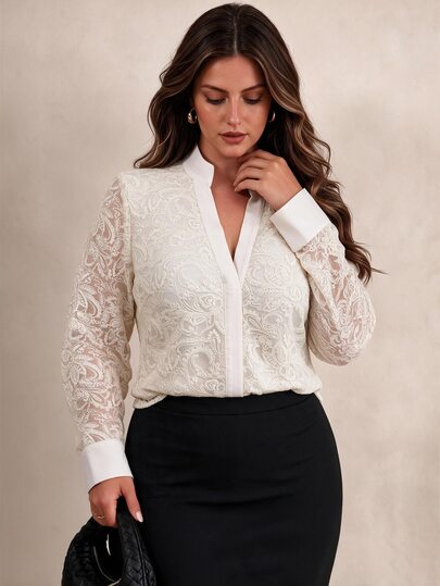 Elegantrix Women's Plus Size French Elegant Exquisite Paisley Lace Stand Collar Contrast Placket Elegant Long Sleeve Commuter Blouse Fall