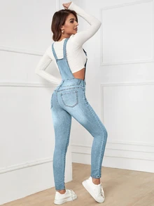 Flexra Jumpsuit desgarro con parche de bolsillo mezclilla - Azul lavado medio - Ver 2