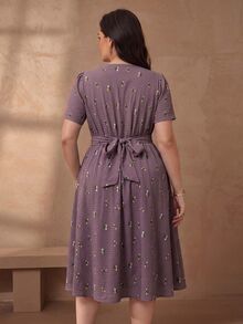 Chikora Plus Size Women's Elegant Romantic L'amoure Linen V-Neck Casual Office Brunch Formal Morning Dress Summer - Dusty Purple - View 3