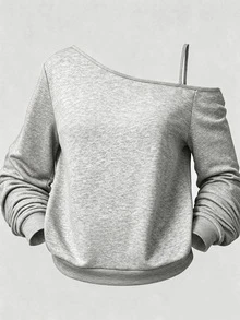 SHEIN Girlism 青少年女孩休閒不對稱領口肩帶長袖秋季T恤，適合夏季、休閒、運動、大學 - 灰色 - 查看 7