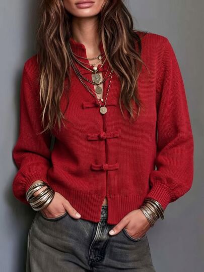 SHEIN Cárdigan de mujer con cuello alto, manga larga y botones de rana, suéter de punto casual para otoño/invierno, rojo brillante, ajuste ceñido, versátil, de moda, estilo chino nuevo con mangas de farol