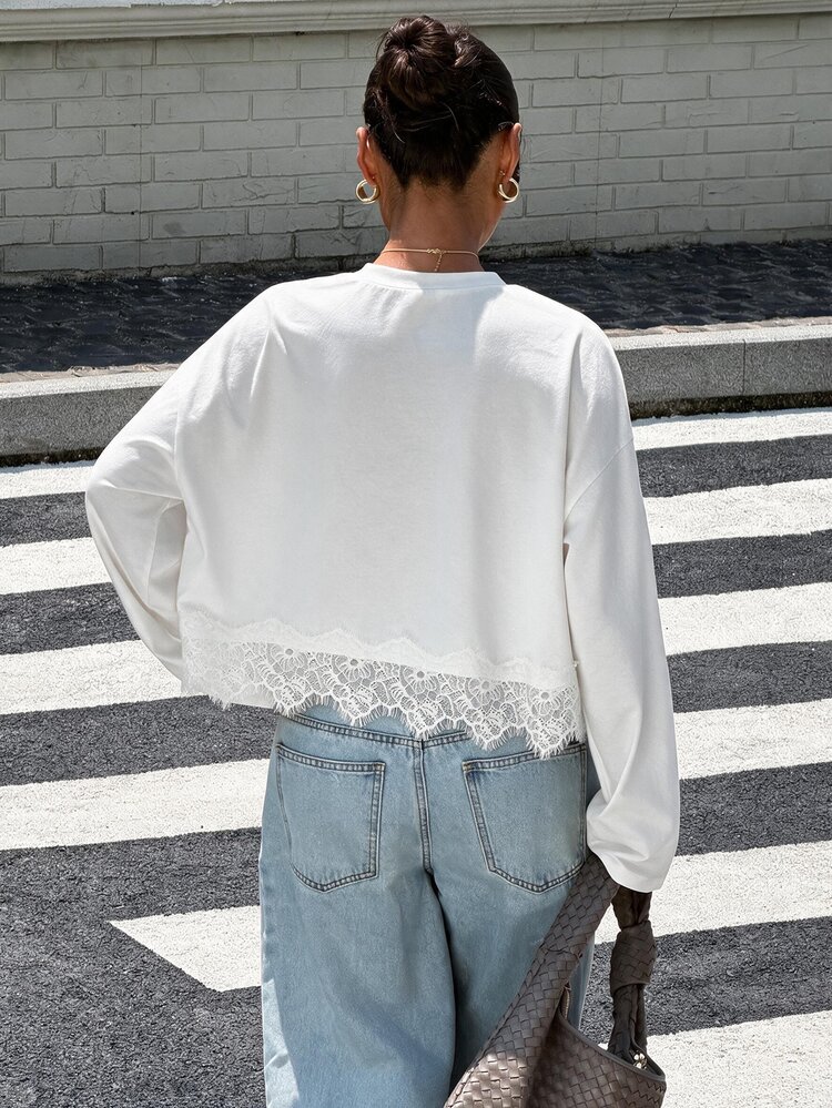 Muchica White Knit Women's Contrast Lace Hem Round Neck Long Sleeve T-Shirt Brunch Fall Casual Elegant - White - View 2