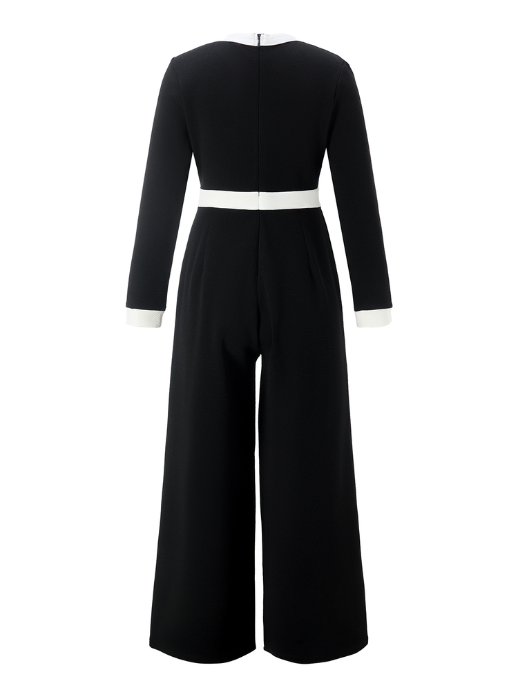 Tween Girl Fall Autumn Winter Elegant Button Decor Round Neck Long Sleeve Cinched Waist Jumpsuit For Daily Wear Outings Black And White Party School - Black - View 2