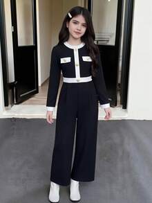 Tween Girl Fall Autumn Winter Elegant Button Decor Round Neck Long Sleeve Cinched Waist Jumpsuit For Daily Wear Outings Black And White Party School - Black - View 1