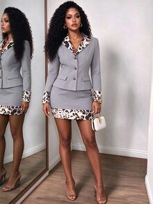 BamGleam Women's Leopard Contrast Trim Grey Blazer Mini Bodycon Skirt 2 Pieces Set Going Out Office Grey Leopard Print Fall Sexy Casual Business Professional - Grey - View 4