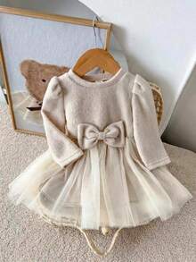 SHEIN Infant Girls Casual Ditsy Floral Long Sleeve Ribbed Dress, Autumn - Apricot - View 6