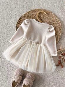 SHEIN Infant Girls Casual Ditsy Floral Long Sleeve Ribbed Dress, Autumn - Apricot - View 3
