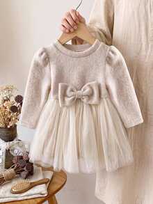 SHEIN Infant Girls Casual Ditsy Floral Long Sleeve Ribbed Dress, Autumn - Apricot - View 2