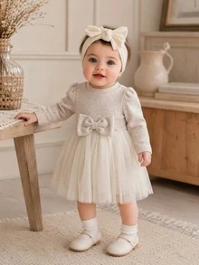 SHEIN Infant Girls Casual Ditsy Floral Long Sleeve Ribbed Dress, Autumn - Apricot - View 9