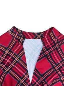 Linhara CURVE Plus Size Christmas Red Plaid Dress, Vintage Checkered Evening Gown, High Waist Full Skirt With Ruffle Hem, Party Wear Fall - Burgundy - View 5