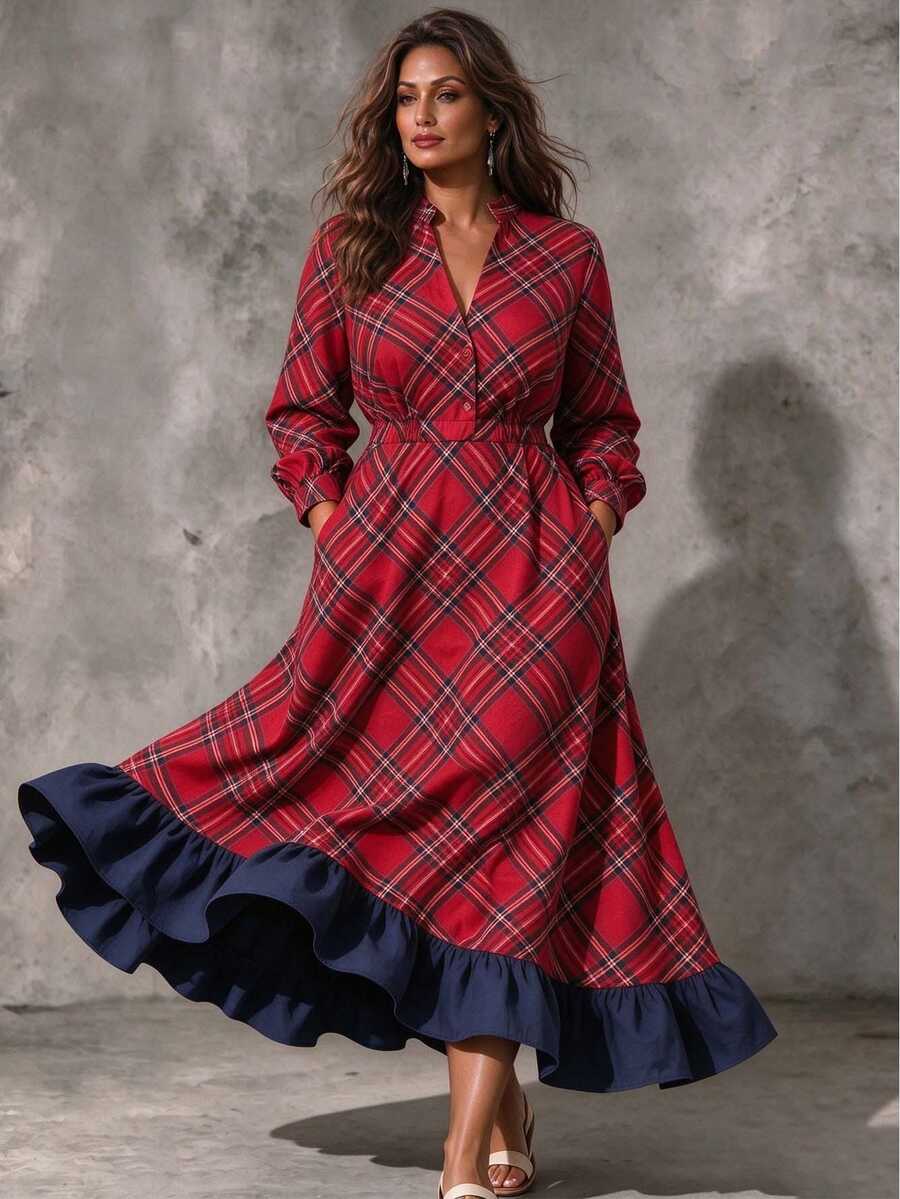 Linhara CURVE Plus Size Christmas Red Plaid Dress, Vintage Checkered Evening Gown, High Waist Full Skirt With Ruffle Hem, Party Wear Fall - Burgundy - View 1