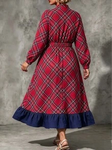 Linhara CURVE Plus Size Christmas Red Plaid Dress, Vintage Checkered Evening Gown, High Waist Full Skirt With Ruffle Hem, Party Wear Fall - Burgundy - View 2