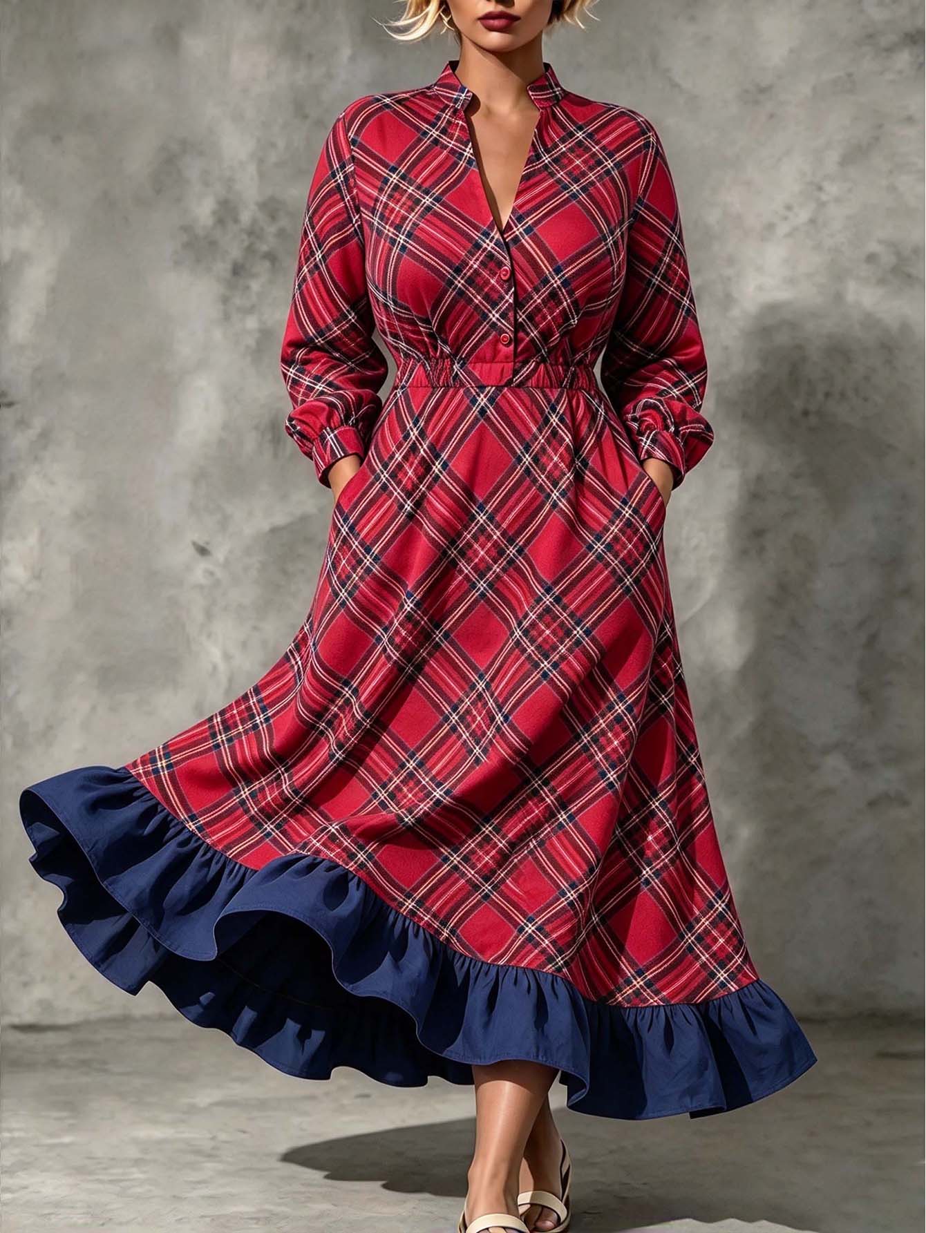 Linhara CURVE Plus Size Christmas Red Plaid Dress, Vintage Checkered Evening Gown, High Waist Full Skirt With Ruffle Hem, Party Wear Fall - Burgundy - View 1