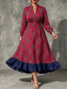 Linhara CURVE Plus Size Christmas Red Plaid Dress, Vintage Checkered Evening Gown, High Waist Full Skirt With Ruffle Hem, Party Wear Fall - Burgundy - View 4
