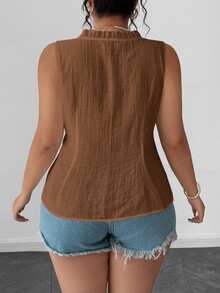 Elenzga Plus Size Women Solid Color Frill Trim Front Tie Sleeveless Blouse Top , Summer Casual Top - Brown - View 2