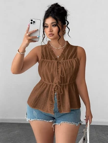 Elenzga Plus Size Women Solid Color Frill Trim Front Tie Sleeveless Blouse Top , Summer Casual Top - Brown - View 1