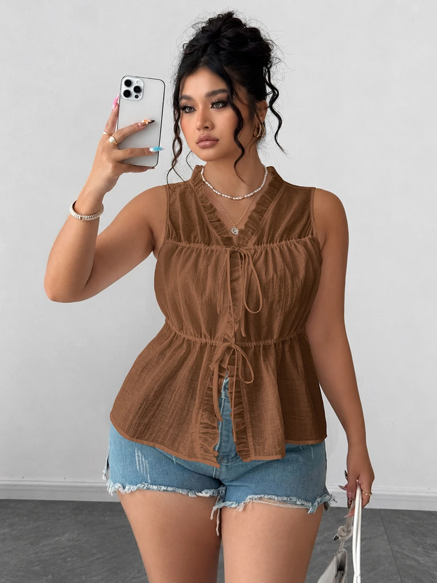 Elenzga Plus Size Women Solid Color Frill Trim Front Tie Sleeveless Blouse Top , Summer Casual Top - Brown - View 1