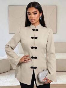 Veilorie Women's Long Sleeve Arabic Style Top With Frog Button Design - Khaki - View 8