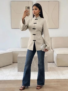 Veilorie Women's Long Sleeve Arabic Style Top With Frog Button Design - Khaki - View 10