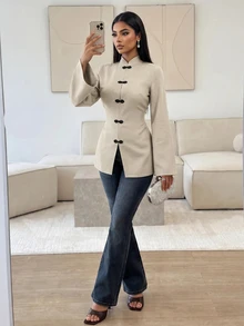 Veilorie Women's Long Sleeve Arabic Style Top With Frog Button Design - Khaki - View 4