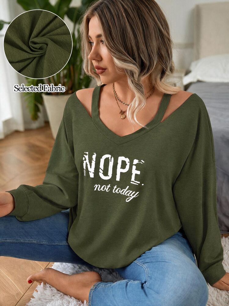 EMERY ROSE V-Neck Cold Shoulder Graphic Print Long Sleeve Elegant Minimalist Sweatshirt - Army Green - View 3