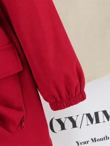 SHEIN Tween女孩寬鬆休閒連帽極簡純色收腰長袖百搭風衣秋季外套 - 紅色 - 查看 5