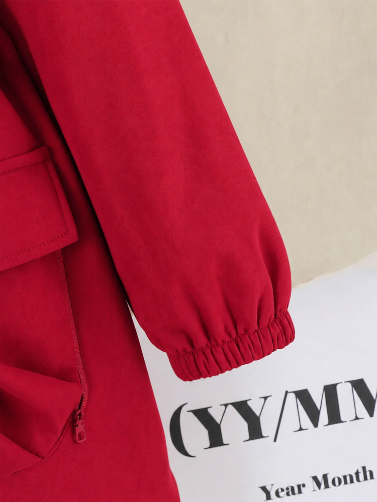 SHEIN Tween Girl Tween Girl Loose Casual Hooded Minimalist Solid Color Cinched Waist Long Sleeve Versatile Trench Autumn Coat - Red - View 5