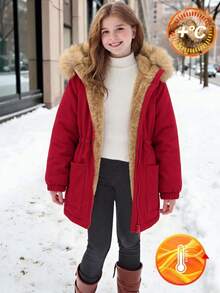 SHEIN Tween女孩寬鬆休閒連帽極簡純色收腰長袖百搭風衣秋季外套 - 紅色 - 查看 1