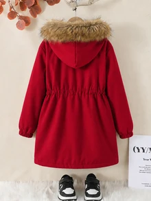SHEIN Tween女孩寬鬆休閒連帽極簡純色收腰長袖百搭風衣秋季外套 - 紅色 - 查看 6