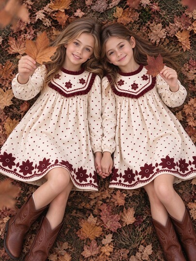 Tween Girls Vintage Brown And White Polka Dot Floral Embroidery Long Sleeve Dress Cute Fall Tunic Outfits Thanksgiving Party Family Matching