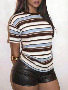 Slaydiva Casual Loose Short Sleeve T-Shirt Blue & White Stripes/Chocolate Brown Plus Size T-Shirt - Multicolor - View 5
