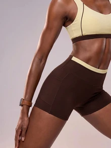 Zivah Women Gym Set High Support Sports Bra Pocket Shorts Chocolate Brown Dark Brown Contrast Removable Pads Tummy Control Pilates Workout Modest Autumn - Multicolor - View 7