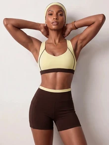 Zivah Women Gym Set High Support Sports Bra Pocket Shorts Chocolate Brown Dark Brown Contrast Removable Pads Tummy Control Pilates Workout Modest Autumn - Multicolor - View 3