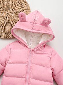 SHEIN 女嬰可愛蓬鬆粉色保暖內裡複合絨毛連帽拉鍊連身衣，秋冬保暖 - 粉色 - 查看 5