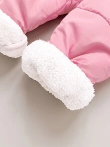 SHEIN 女嬰可愛蓬鬆粉色保暖內裡複合絨毛連帽拉鍊連身衣，秋冬保暖 - 粉色 - 查看 4