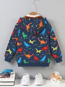 SHEIN Explorewe 小男孩恐龍印花抓絨內裡夾克保暖拉鍊連帽外套卡通圖案毛絨內裡冬季外套聖誕裝 - 藍色 - 查看 2