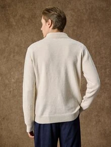 Manfinity CasualKnits 男士 Polo 領半拉鍊長袖套頭毛衣，休閒針織秋冬服飾，米色與白色拼接寬鬆版型通勤穿搭，直條紋與波浪圖案套頭毛衣 - 米色 - 查看 7